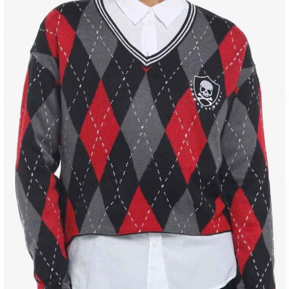 Skull Crest Argyle V-Neck Girls Sweater - Picture 1 of 4